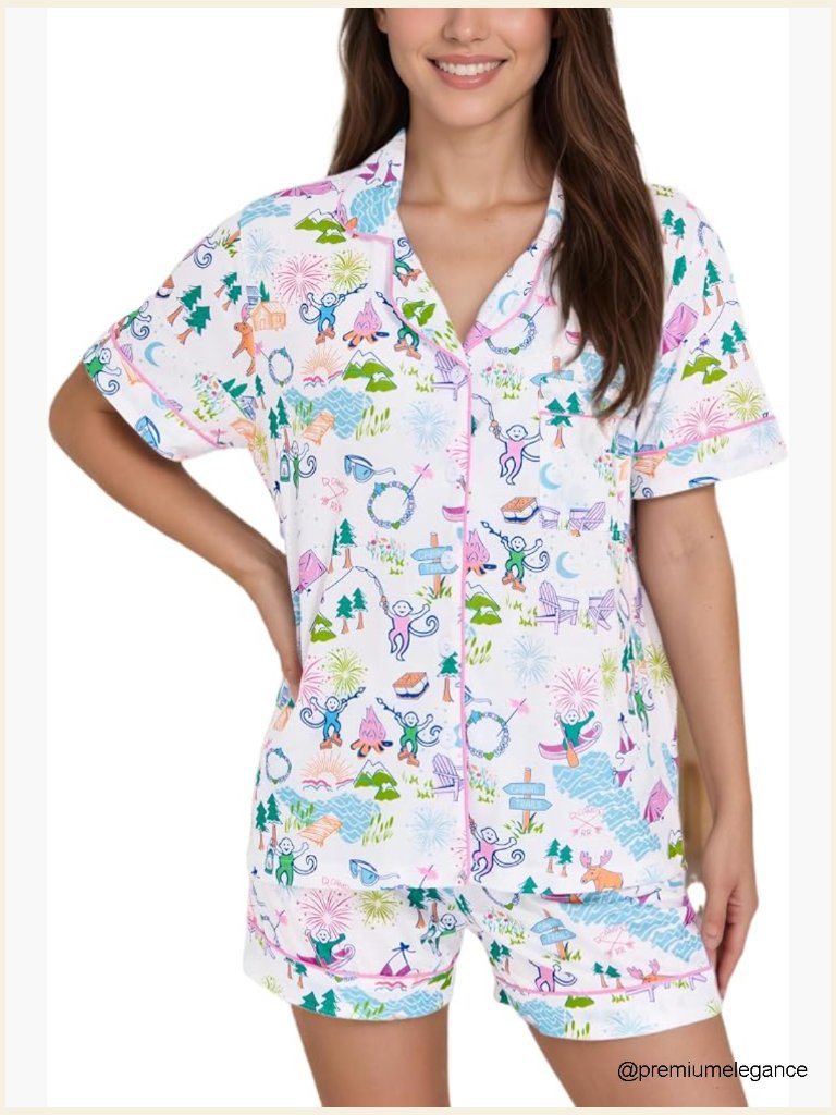 Monkey Print Button Down Pajama Shorts Set Sleepwear Lounge